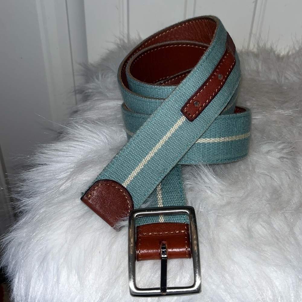 Light blue fabric belt white stripe leather backed size 42 preppy nautical
